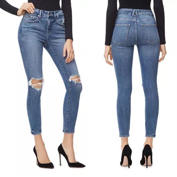 Good American Jeans Good Legs Crop Distressed Skinny Jeans Size 0/25 - Picture 1 of 13